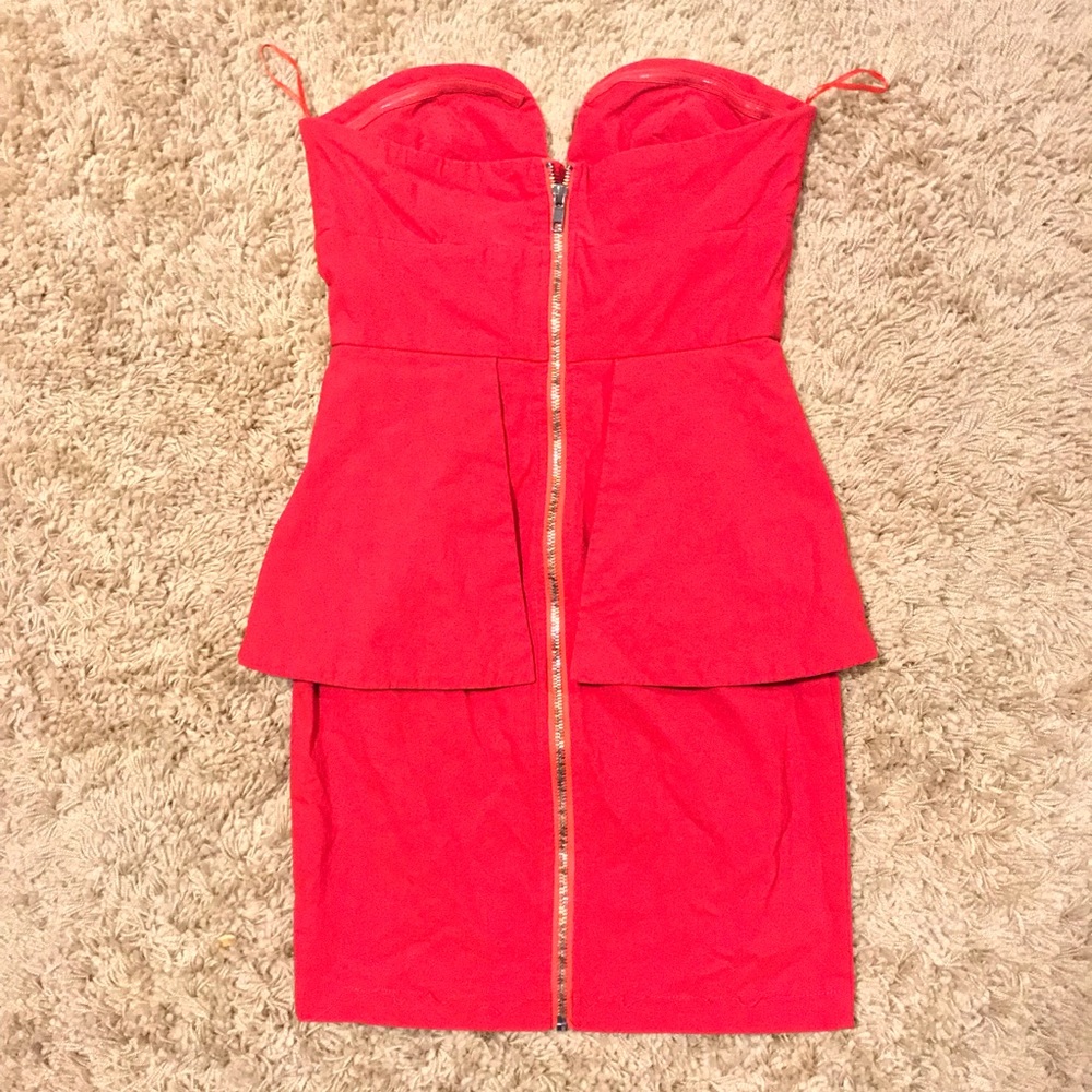 Red Peplum Strapless Zip Down Tight Cocktail Dress